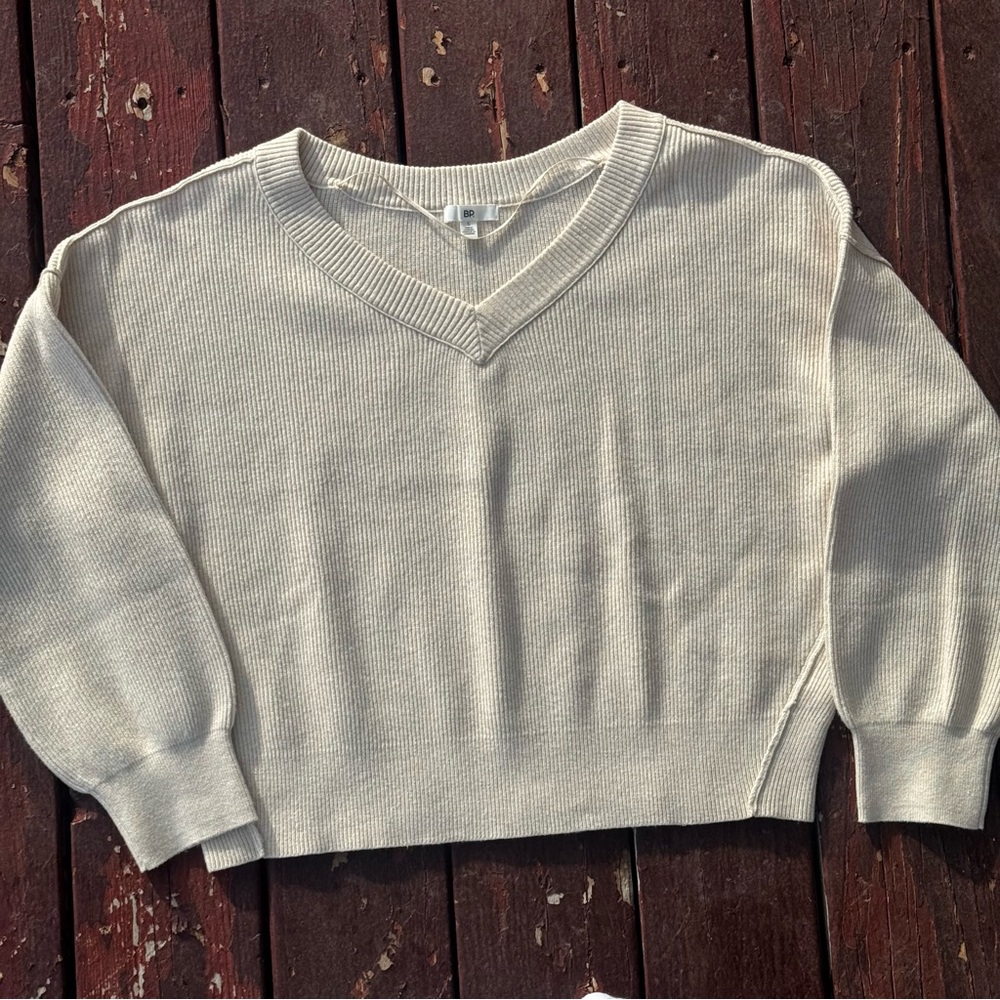 BP. Seamed Oversize V-Neck Rib Sweater, Cream, Size Small